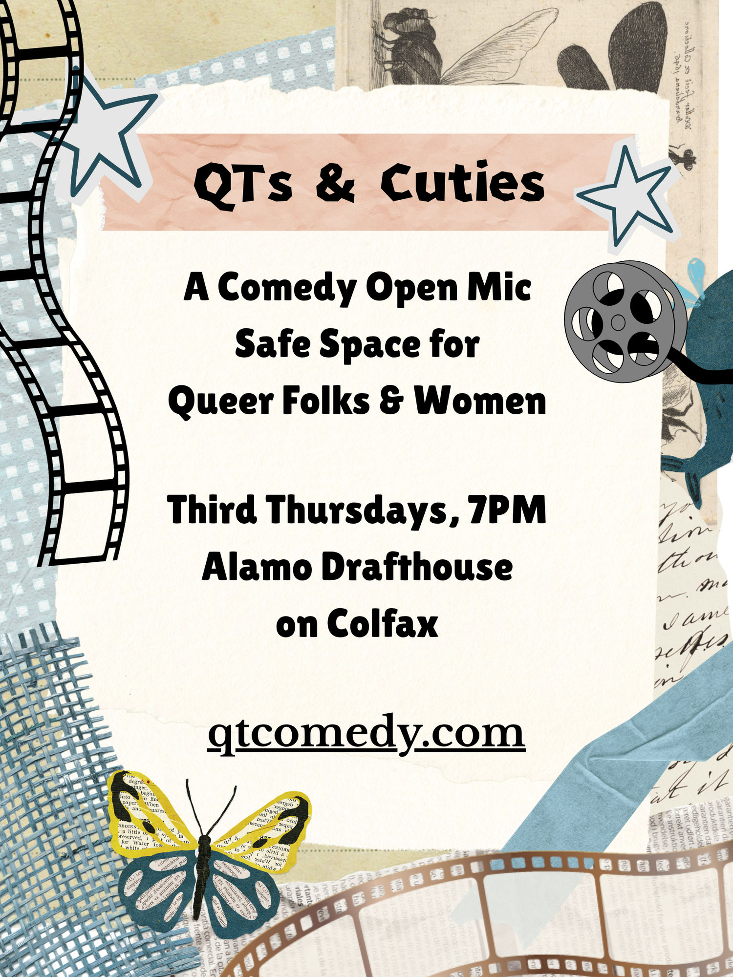 QTs & Cuties open mic flyer: third Thursdays at Alamo Drafthouse Colfax, 7 PM show